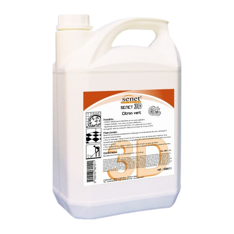 SENET 3D Citron 5L Détergent surodorant désinfectant pour sols et surfaces lavables