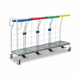 Chariot ramassage linge 4 supports sac 70 L couvercle bleu rouge vert jaune, pédales et poignée de guidage FILMOP