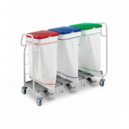 Chariot ramassage linge 3 supports sac 70 L couvercle bleu rouge vert, pédales et deux poignées de guidage FILMOP