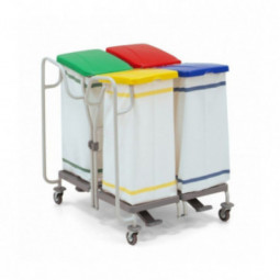 Chariot ramassage linge 2x2 supports sacs 70 L dos a dos couvercle bleu rouge vert jaune, pédales, deux poignées guidage FILMOP