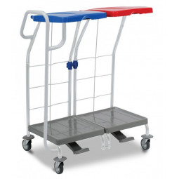 Chariot ramassage linge 2 supports sac 70 L couvercle bleu rouge, pédales et poignée de guidage FILMOP