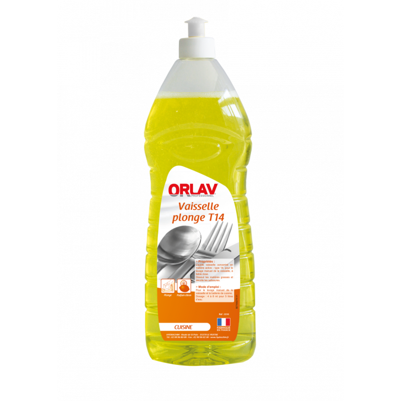Vaisselle plonge T14 ORLAV liquide est un déter. multi-usages pour le nettoyage de la vaisselle en manuel