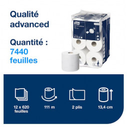 Mini papier toilette Tork SmartOne T9 2 plis - Blanc - 620 formats