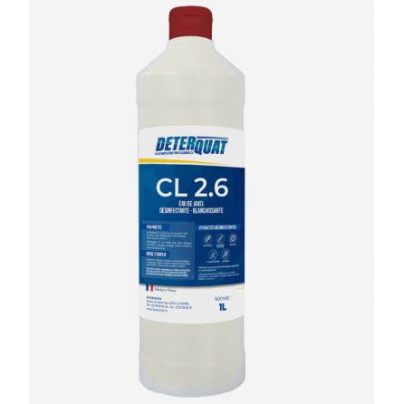 Eau de Javel en1L DETERQUAT CL 2.6 est une Eau de Javel désinfectante et blanchissante, idéale pour les surfaces