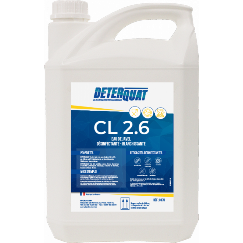 Eau de Javel 5L 2,6% liquide est un produit d’hygiène développé pour désinfecter et nettoie toutes sortes de supports.